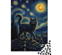 Cat on a Rooftop Under Starry Night Sky Jigsaw Puzzle, 1000 Piece
