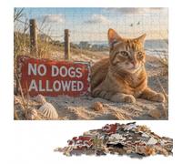 Cat on Beach with No Dogs Allowed Sign Jigsaw Puzzle for Adults, 300 Pieces | Section-by-section building: a simple way to organise the image on weekends.