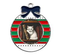 Cat on Books Funny Christmas Pendant Charms Metal Hanging Xmas Tree Ornament Necklace Jewelry Circular