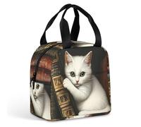 Cat on Books Printed Lunch Bag with Handle Insulated Portable Tote Handbag Meal Lunchbox