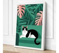 Cat on Green Armchair Boho Canvas Wall Art Print 36x24 Inch