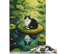 Cat on Lily Pad Painting Puzzle Difficult Challenge 100 Percent Recycled Cardboard Jigsaw Puzzle for Women Men 1000pcs (75x50cm)