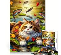 Cat on Lily Pad with Jumping Fish for Adults 1000 Piece Jigsaw Puzzle Memory Boost Leisure Activity Clean Edges Great Gift size 38x52cm