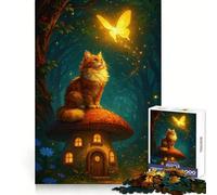 Cat on Mushroom House with Butterfly Jigsaw Puzzles 1000 Piece for Teenagers Sharp Memory Soothing Downtime Neat Edges Nice Gift size 38x52cm