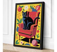 Cat on Red Chair Mid Century Canvas Wall Art Print 18x12 Inch