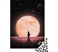 Cat on Roof Watching The Moon 1000-Piece Puzzle for Adults, 70x50cm/1000pcs; White Cardboard for Simple Sorting; for An Enjoyable Break at The Table