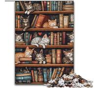Cat on The Bookshelf 1000 Pieces Jigsaw Puzzle for Adults& Teens, Stress Reliever Staycation Kill Time Enhance Love between Couples (50x75cm)