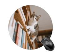 Cat on The Bookshelf Mouse Pad - Ultra Thin, 7.8 Inch Round Mousepad with Non-Slip Rubber Base, Waterproof Mouse Mat for Office, Gaming