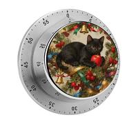 Cat on The Christmas Tree Mechanical Kitchen Timer 60 Minute Wind Up Countdown Clock with Magnetic Back Loud Alarm Stainless Steel Manual Timer for Cooking Baking Classroom Home Gym