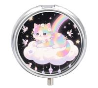 Cat on The Cloud Pill Box - 3 Compartment Travel Pill Organizer with Small Mirror, Portable Pillcase for Pocket & Purse, Cute Round Medicine Case, Weekly Medicine Container
