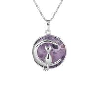 Cat On The Moon Pendant Necklace For Men Women Dainty Cresent Kitten Animal Natural Crystal Necklace For Minimalist Birthday Mother'S Day Jewelry Gifts Amethyst