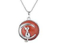 Cat On The Moon Pendant Necklace For Men Women Dainty Cresent Kitten Animal Natural Crystal Necklace For Minimalist Birthday Mother'S Day Jewelry Gifts Red Jasper