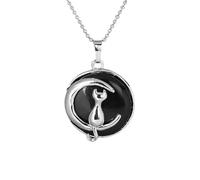 Cat On The Moon Pendant Necklace For Men Women Dainty Cresent Kitten Animal Natural Crystal Necklace For Minimalist Birthday Mother'S Day Jewelry Gifts Black Onyx