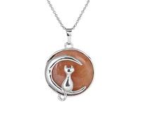 Cat On The Moon Pendant Necklace For Men Women Dainty Cresent Kitten Animal Natural Crystal Necklace For Minimalist Birthday Mother'S Day Jewelry Gifts Orange Jade
