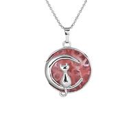 Cat On The Moon Pendant Necklace For Men Women Dainty Cresent Kitten Animal Natural Crystal Necklace For Minimalist Birthday Mother'S Day Jewelry Gifts Watermelon Crystal
