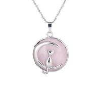 Cat On The Moon Pendant Necklace For Men Women Dainty Cresent Kitten Animal Natural Crystal Necklace For Minimalist Birthday Mother'S Day Jewelry Gifts Rose Quartz