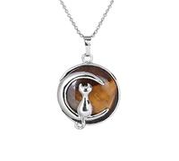 Cat On The Moon Pendant Necklace For Men Women Dainty Cresent Kitten Animal Natural Crystal Necklace For Minimalist Birthday Mother'S Day Jewelry Gifts Tige Eye Stone