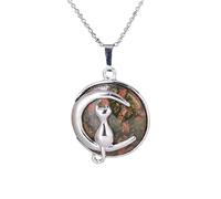 Cat On The Moon Pendant Necklace For Men Women Dainty Cresent Kitten Animal Natural Crystal Necklace For Minimalist Birthday Mother'S Day Jewelry Gifts Unakite