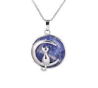 Cat On The Moon Pendant Necklace For Men Women Dainty Cresent Kitten Animal Natural Crystal Necklace For Minimalist Birthday Mother'S Day Jewelry Gifts Sodalite