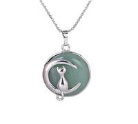 Cat On The Moon Pendant Necklace For Men Women Dainty Cresent Kitten Animal Natural Crystal Necklace For Minimalist Birthday Mother'S Day Jewelry Gifts Green Aventurine
