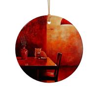 Cat on The Table Round Shaped Ceramic Pendants, Christmas Tree Ornaments, Ceramic Ornaments for Festive Decor