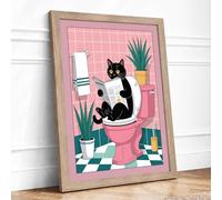 Cat on Throne Framed Wall Art Print A4 Oak