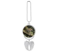 Cat on Tree Trunk Waterfall Hanging Car Charm with Angel Wings Metal Rear View Mirror Pendant Car Interior Decorative Accessories Decor Ornament Memorial Gifts for Women Men