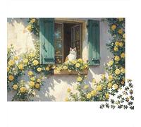 Cat on Window Sill Yellow Roses 1000 Piece Jigsaw Puzzle for Adults 70x50cm/1000pcs