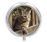 Cat on Wooden Fence Pill Box, 3 Compartment Small Pill Case Waterproof Travel Pill Organizer for Pocket Or Purse Portable Mini Medicine Tablet Vitamin Holder Pill Case