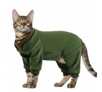 Cat Onesie Post Surgery Legs | Open-Belly Cat Body Suit for Overgrooming & Skin Allergies | Easy Toilet Access | Soft Fleece Anti-Licking Suit for Shaved Cats (Army Green S)