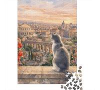 Cat Overlooking Rome at Sunset Jigsaw Puzzle 1000 Pieces, Romantic City Break Scene, 1000 Pieces for Adults, Travel Gift for Adults, Weekend Hobby, Gift Idea, 38x26cm/1000pcs