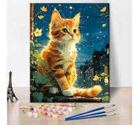Cat Paint by Number Kits for Adults Cat in The Night DIY Oil Painting by Numbers for Beginners Acrylic Simple Paint by Number Canvas for Gift Artwork House Decoration 16x20 Inch Without Frame