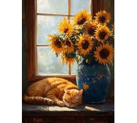 Cat Paint by Numbers for Adults, Paint by Numbers Sunflower Pattern DIY Acrylic Oil Painting Kits, with 3 Brushes, Simple Painting Kits for Beginner Kids for Home Wall Decor Gifts 20X30cm, Model 1401