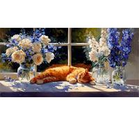 Cat Paint by Numbers for Adults Windowsill Painting by Numbers for Children Beginners, DIY Art Craft Paint Hobbies for Adults Women, Home Wall Room Decor, Gifts for Women, 20x40cm Without Frame,-fu26u