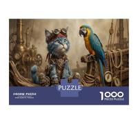 Cat & Parrot Classic 1000 Pc Rigid Cardboard Jigsaw Vintage Airship Deck for Seniors Brain Training Rainy Day Fun Must-Have for Puzzle Lovers 38x26cm/1000pcs