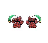 Cat Paw Print Christmas Hat Stud Earrings for Women Teen Girls Acrylic Dog Puppy Kitten Animal Pet Buffalo Plaid Studs Earring Lovely Jewelry Gifts Xmas Festive, Acrylic, No Gemstone