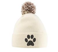 Cat Paw Print Hat - Bobble Beanie Hat - Cat Owner Gifts for Girls - Winter Beanie Hat with Cute Cats Paw Print Embroidered On The Front, One Size, Off White/Mocha