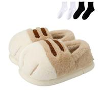 Cat Paw Slippers for Women, Women's Cute Cat Paw Cozy Shoes, Fuzzy House Animal Claw Design Slippers (Khaki(Full Heel), US, Adult, Women, 7, Numeric Range, UK Footwear Size System, 8, Medium)