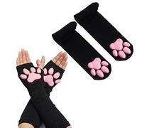 Cat Paw Thigh High Socks and Gloves, Cute 3D Toe Beans Socks Mittens Kitten Claw Pads for Women Cosplay, Black, One Size