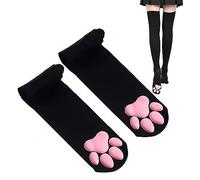 Cat Paw Thigh High Socks and Gloves, Cute Soft 3D Toe Beans Mittens, Kitten Claw Pad for Girl Women Cosplay Set, Black, M