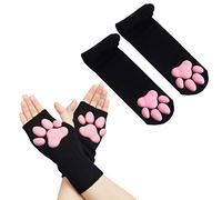 Cat Paw Thigh High Socks Golves, Cute Soft 3D Toe Beans Socks Mittens Kitten Claw Pad Socks for Girl Women Cosplay Set…, Black Socks and Short Gloves, One size