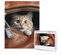 Cat peeks Out of Zippered Leather Pocket Puzzles 500 Pieces Wooden Jigsaw Puzzle Personalized Picture Puzzles Modern Wall Art Family Decoration Photo Puzzle for Adults (20.4" x 15")
