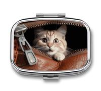 Cat Peeks Out Pill Organizer Container for Travel, Metal 2 Compartment Square Pill Case, Portable Mini Medicine Box Pill Storage Case for Purse Pocket, Supplement Storage