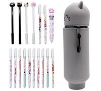 Cat Pencil Case, 2-in-1 Silicone Pencil Pouch, 12PCS Erasable Gel Pens 10 in 1 Ballpoint Pens, 4PCS Gel Ink Pens, Pen Case Stretchable Pen Holder Pencil Bag Stationery Organizer for School Supplies