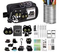 Cat Pencil Case with Stationery Set - School Supplies Black Cat - Practical Cute Feline Pen Holder | for Students, Children, Boys, Girls, School, Class, Home, Study, Travel, Com