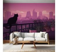 Cat Photo Wallpaper for Bedroom, Kitten Cityscape Wall Mural for Living Room, Purple Wallpaper 150x105 Nonwoven Wall Paper Home Decor W&26