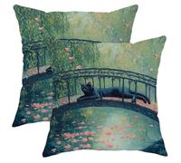 Cat Pillow Covers Set of 2, Artistic Bridge and Water Lily Design Throw Pillows Case, Outdoor Decorative Square Nature Decor Cushion Covers for Home Sofa Bed Couch 18x18 Inch