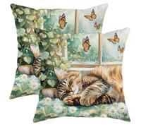 Cat Pillow Covers Set of 2, Cozy Brown Tabby Cat Print Throw Pillow Cases, Spring Floral Decorative Cushion Covers for Home Sofa Bed Couch 18x18 Inch