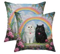 Cat Pillow Covers Set of 2, White and Black Kittens Rainbow Floral Throw Pillows Case, Cute Decorative Square Home Decor Cushion Covers for Sofa Bed Couch 18x18 Inch