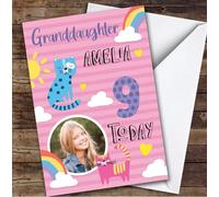Cat Pink Rainbow Photo Granddaughter 9th Custom Personalised Birthday Card - Personalised Birthday Greeting Card for Kids, Custom Birthday Card